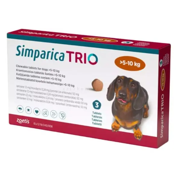 Simparica Trio / Симпарика Трио 2.5 - 5 кг - за вътрешно и външно обезпаразитяване на кучета - КУТИЯ (3 бр. таб)
