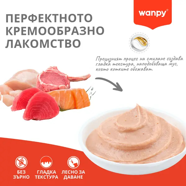 Wanpy cat Superfoods - Кремообразно лакомство за котки с вкус на агнешко и куркума, 5х14 г
