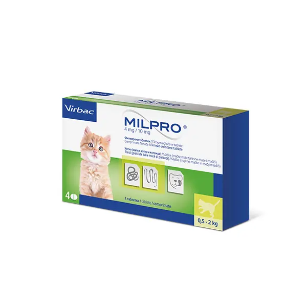 Virbac Milpro for Cats 4 mg / 10 mg - овкусени таблетки за вътрешно обезпаразитяване на котки и котенца до 2 кг  - кутия с 4 таблетки