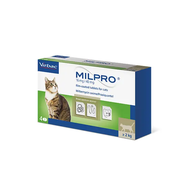 Virbac Milpro for Cats 16 mg / 40 mg - овкусени таблетки за вътрешно обезпаразитяване на котки над 2 кг  - кутия с 4 таблетки