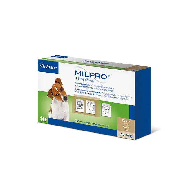 Virbac Milpro for Dogs 2,5 mg / 25 mg - овкусени таблетки за вътрешно обезпаразитяване на кучета и кученца до 5 кг  - кутия с 4 таблетки