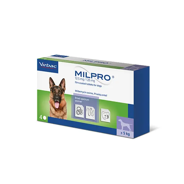 Virbac Milpro for Dogs 12,5 mg / 125 mg - овкусени таблетки за вътрешно обезпаразитяване на кучета над 5 кг  - кутия с 4 таблетки