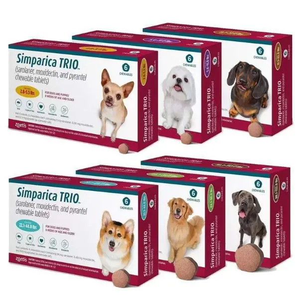 Simparica Trio / Симпарика Трио 1.35-2.5 кг - за вътрешно и външно обезпаразитяване на кучета - КУТИЯ (3 бр. таб)