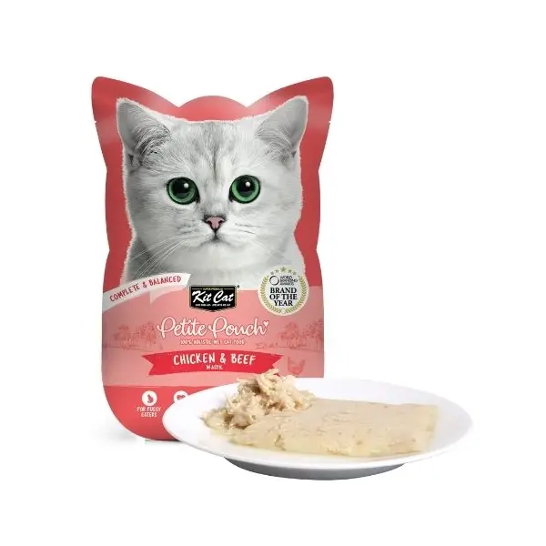 Kit Cat chicken & beef pouch – Пълноценна мокра храна за котки в зряла възраст, пилешко и телешко в желе, пауч 70 г