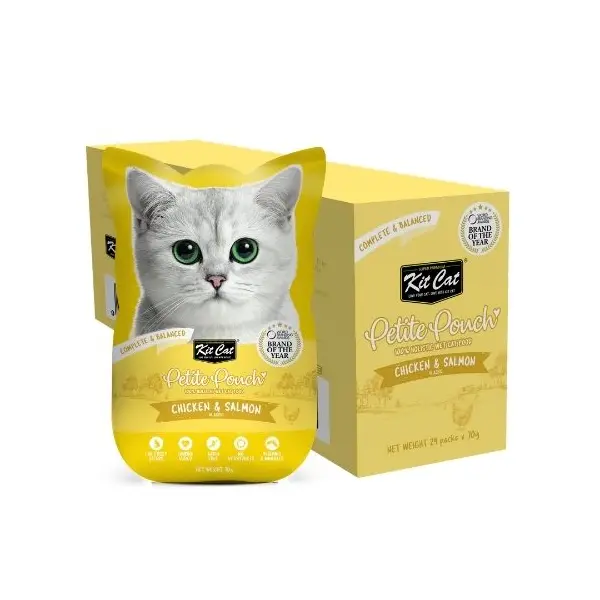 Kit Cat chicken & salmon pouch – Пълноценна мокра храна за котки в зряла възраст, пилешко и сьомга в желе, пауч 70 г