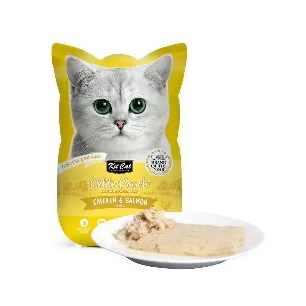 Kit Cat chicken & salmon pouch – Пълноценна мокра храна за котки в зряла възраст, пилешко и сьомга в желе, пауч 70 г