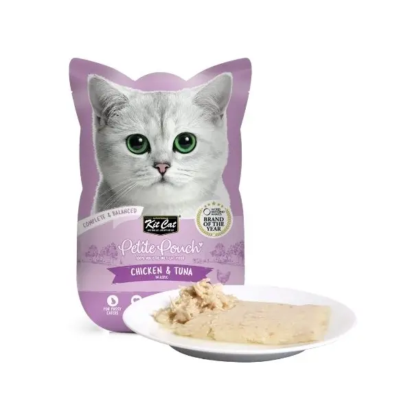Kit Cat chicken & tuna pouch – Пълноценна мокра храна за котки в зряла възраст, пилешко и риба тон в желе, пауч 70 г