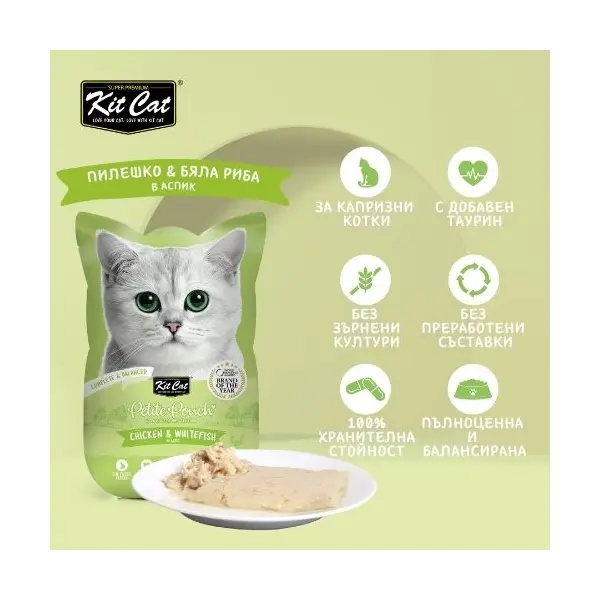 Kit Cat chicken & whitefish pouch – Пълноценна мокра храна за котки в зряла възраст, пилешко и бяла риба в желе, пауч 70 г