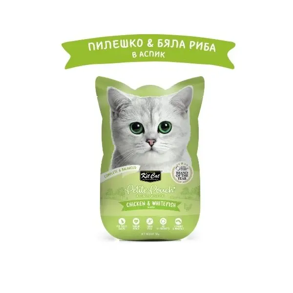 Kit Cat chicken & whitefish pouch – Пълноценна мокра храна за котки в зряла възраст, пилешко и бяла риба в желе, пауч 70 г