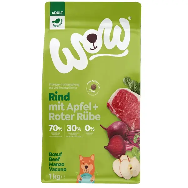 WOW Dog Adult beef with apple and red beets - Суха храна за кучета с говеждо, ябълка и червено цвекло - 1 кг