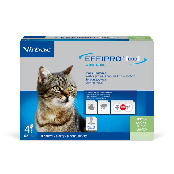 Virbac Effipro DUO Spot-on Cat –  противопаразитни пипети с двойно действие за котки - кутия с 4 броя пипети