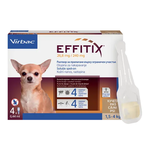 Virbac Effitix spot-on XS 1,5-4 kg – противопаразитни пипети за кучета с репелентно действие и защита срещу четири основни паразита, кутия с 4 броя пипети - СРОК 30.09.2026