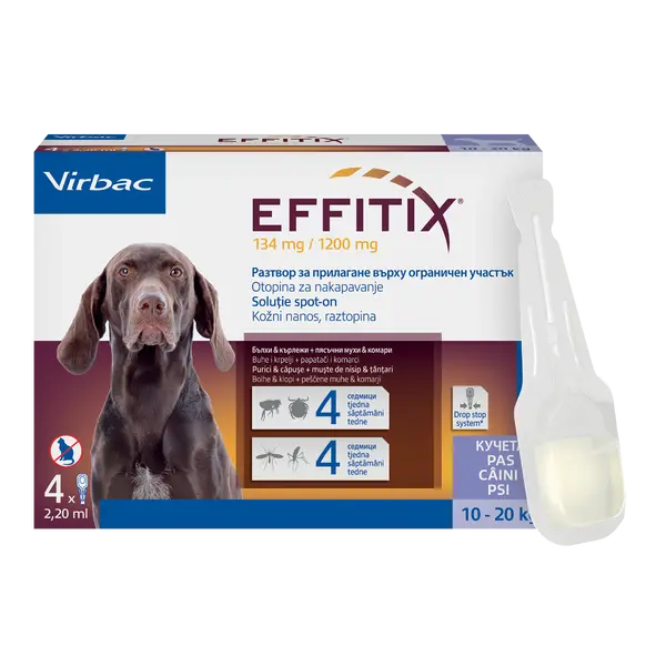 Virbac Effitix spot-on M 10-20 kg – противопаразитни пипети за кучета с репелентно действие и защита срещу четири основни паразита, кутия с 4 броя пипети - СРОК 31.12.2026