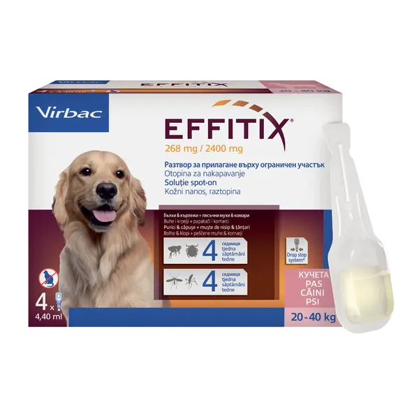 Virbac Effitix spot-on L 20-40 kg – противопаразитни пипети за кучета с репелентно действие и защита срещу четири основни паразита, кутия с 4 броя пипети