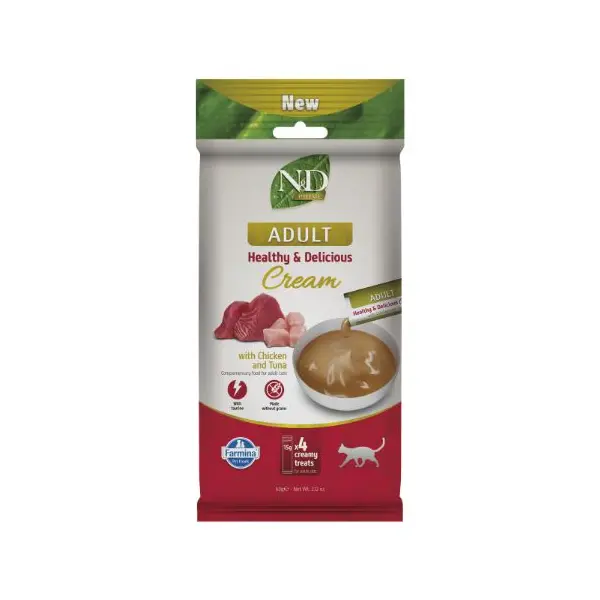 N&D Prime Cat Cream with Chicken & Tuna - Кремообразни лакомства за котки с пилешко и риба тон - 4х15 г