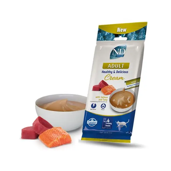 N&D Ocean Cat Cream with Tuna & Salmon - Кремообразни лакомства за котки с риба тон и сьомга - 4х15 г