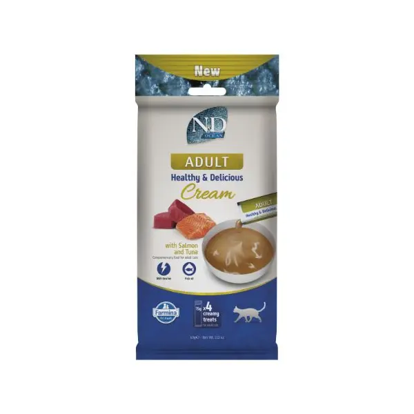 N&D Ocean Cat Cream with Tuna & Salmon - Кремообразни лакомства за котки с риба тон и сьомга - 4х15 г