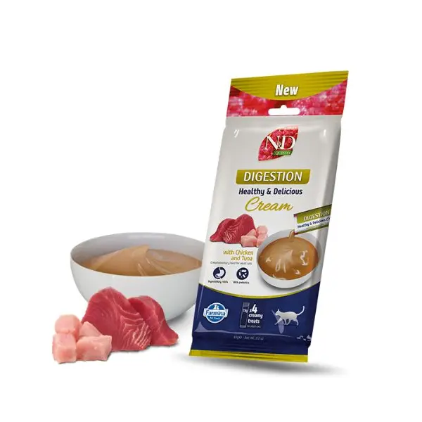 N&D Quinoa Digestion Cream with Chicken & Tuna - Кремообразни лакомства за котки с пилешко и риба тон - 4х15 г