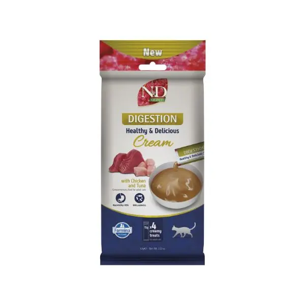 N&D Quinoa Digestion Cream with Chicken & Tuna - Кремообразни лакомства за котки с пилешко и риба тон - 4х15 г
