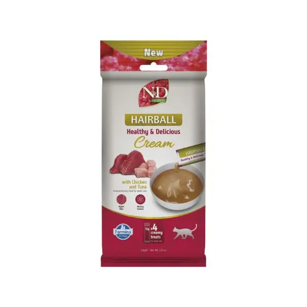 N&D Quinoa Hairball Cream with Chicken & Tuna - Кремообразни лакомства за котки с пилешко и риба тон - 4х15 г