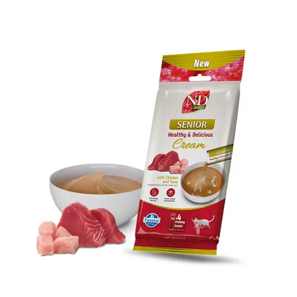 N&D Quinoa Senior Cream with Chicken & Tuna - Кремообразни лакомства за възрасни котки с пилешко и риба тон - 4х15 г