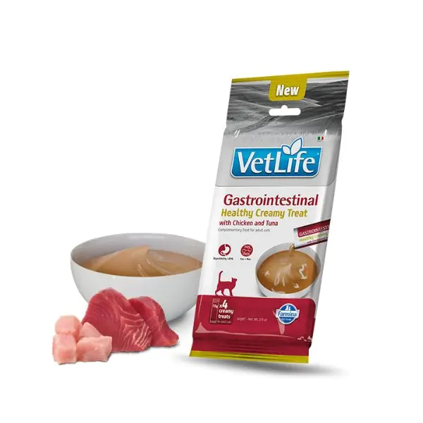 Vet Life Gastrointestinal Healthy Creamy Treat with Chicken & Tuna - Кремообразни лакомства за котки с пилешко и риба тон - 4х15 г