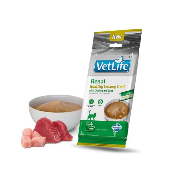 Vet Life Renal Healthy Creamy Treat with Chicken & Tuna - Кремообразни лакомства за котки с пилешко и риба тон - 4х15 г