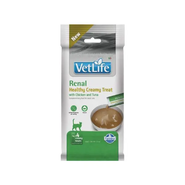Vet Life Renal Healthy Creamy Treat with Chicken & Tuna - Кремообразни лакомства за котки с пилешко и риба тон - 4х15 г