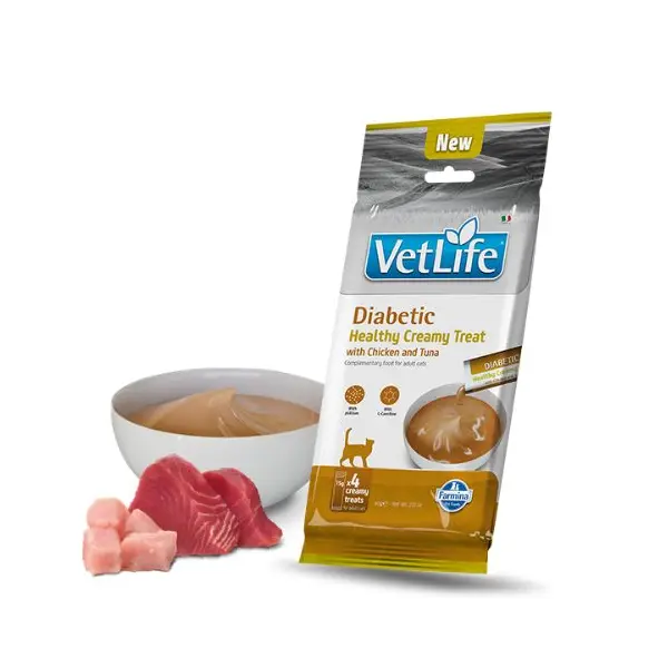 Vet Life Diabetic Healthy Creamy Treat with Chicken & Tuna - Кремообразни лакомства за котки с пилешко и риба тон - 4х15 г