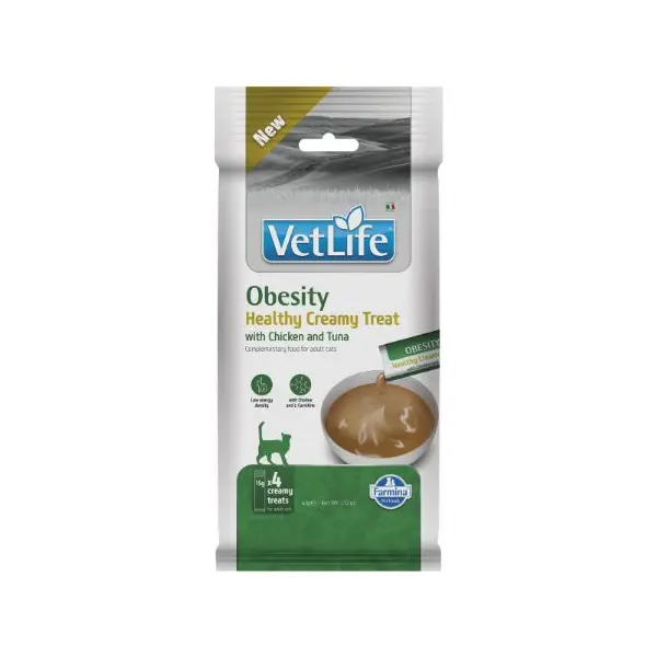Vet Life Obesity Healthy Creamy Treat with Chicken & Tuna - Кремообразни лакомства за котки с пилешко и риба тон - 4х15 г