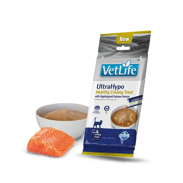 Vet Life UltraHypo Healthy Creamy Treat with Hydrolysed Salmon Protein - Кремообразни лакомства за котки с хидролизиран протеин от сьомга - 4х15 г