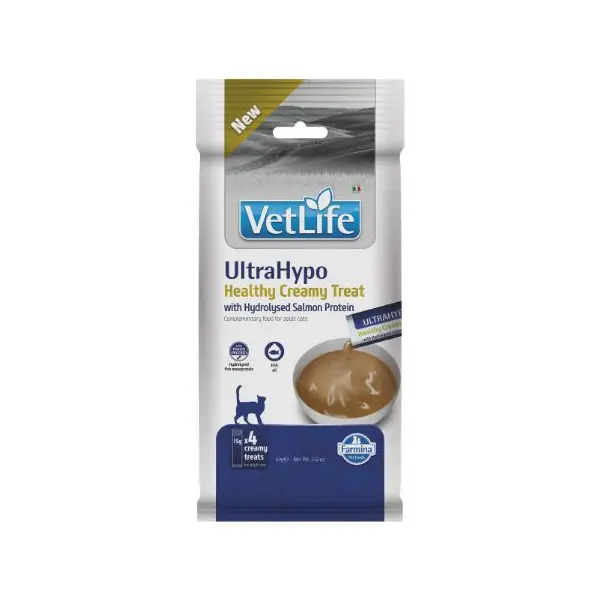 Vet Life UltraHypo Healthy Creamy Treat with Hydrolysed Salmon Protein - Кремообразни лакомства за котки с хидролизиран протеин от сьомга - 4х15 г