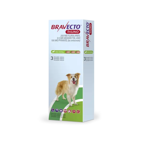 Bravecto TriUno / Бравекто ТриУно 40-60 кг - за вътрешно и външно обезпаразитяване на кучета - КУТИЯ (3 бр. таб)