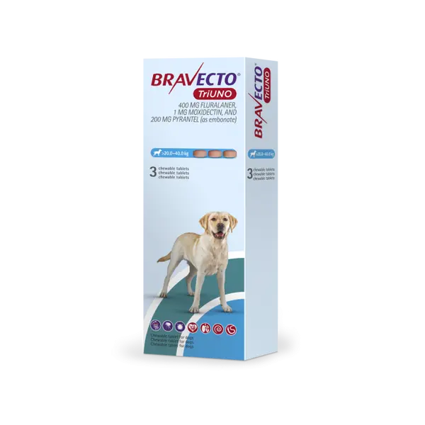 Bravecto TriUno / Бравекто ТриУно 20-40 кг - за вътрешно и външно обезпаразитяване на кучета - КУТИЯ (3 бр. таб)