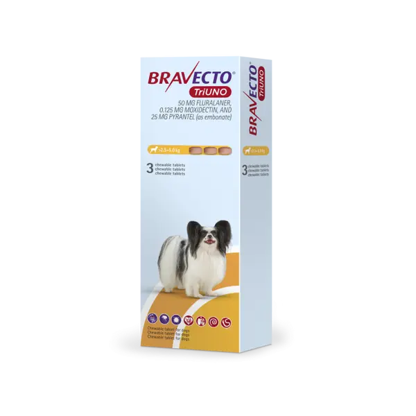 Bravecto TriUno / Бравекто ТриУно 10-20 кг - за вътрешно и външно обезпаразитяване на кучета - КУТИЯ (3 бр. таб)