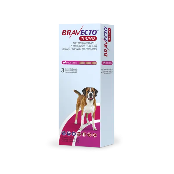 Bravecto TriUno / Бравекто ТриУно 20-40 кг - за вътрешно и външно обезпаразитяване на кучета - КУТИЯ (3 бр. таб)