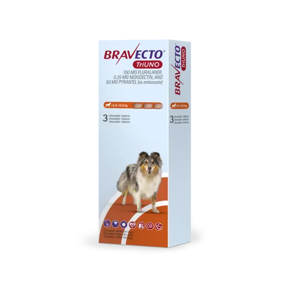 Bravecto TriUno / Бравекто ТриУно 5 - 10 кг - за вътрешно и външно обезпаразитяване на кучета - КУТИЯ (3 бр. таб)