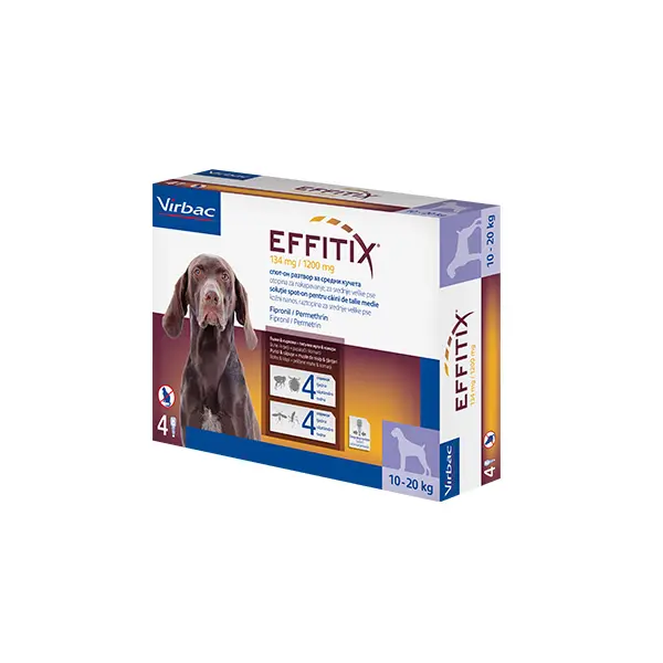 Virbac Effitix spot-on M 10-20 kg – противопаразитни пипети за кучета с репелентно действие и защита срещу четири основни паразита, кутия с 4 броя пипети - СРОК 31.12.2026