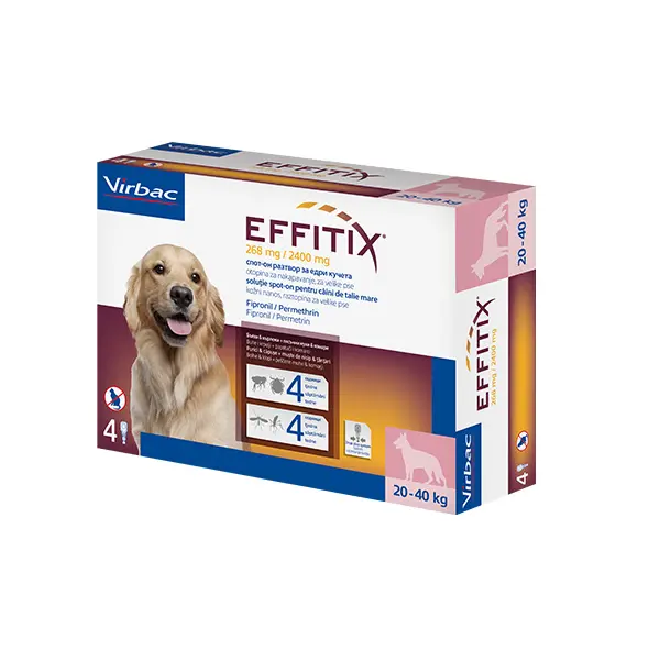Virbac Effitix spot-on L 20-40 kg – противопаразитни пипети за кучета с репелентно действие и защита срещу четири основни паразита, кутия с 4 броя пипети
