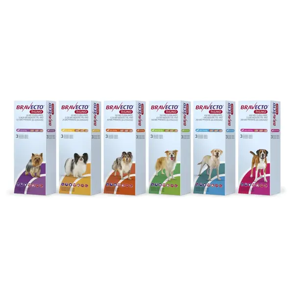 Bravecto TriUno / Бравекто ТриУно 5 - 10 кг - за вътрешно и външно обезпаразитяване на кучета - КУТИЯ (3 бр. таб)