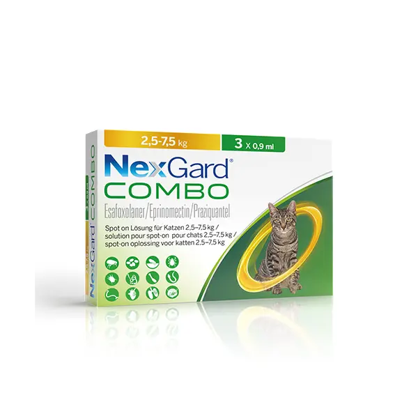 Nexgard Combo Cat S - Спот Он форма с разтвор за цялостно вътрешно и външно обезпаразитяване при котки до 2,5 кг - 2 КУТИИ х 3 ПИПЕТИ