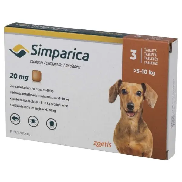 Simparica 20 мг. - дъвчащи таблетки за кучета с тегло 5 - 10 кг. / кутия 3 броя /