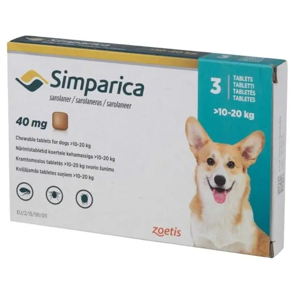 Simparica 40 мг. - дъвчащи таблетки за кучета с тегло 10 - 20 кг. / кутия 3 броя /