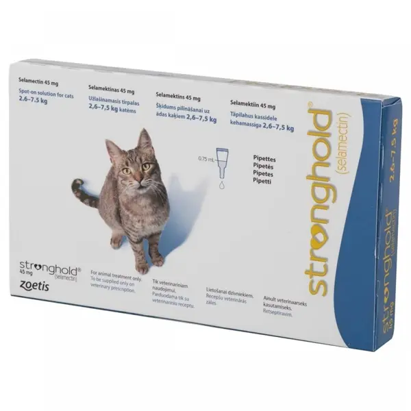Stronghold 45 mg spot on / Стронгхолд 45 мг– Противопаразитни пипети за котки от 2,6 до 7,5 кг - кутия с 3 броя пипети