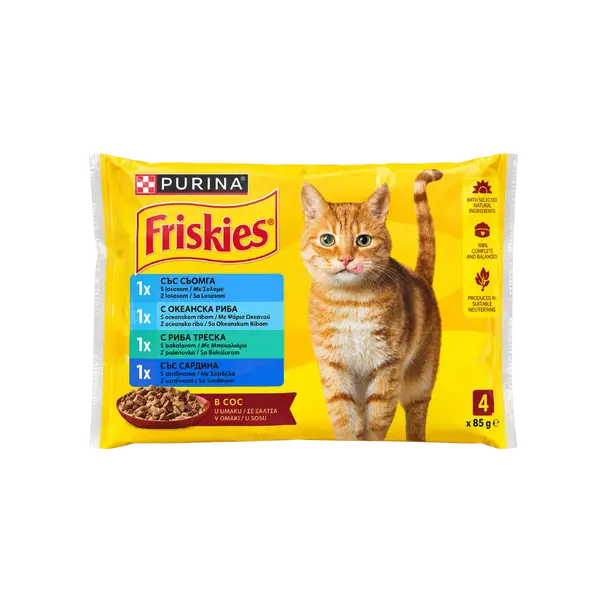 Friskies Adult Multipack - Пълноценна мокра храна за котки в зряла възраст - паучове с 4 вида риба, 4бр x 85гр