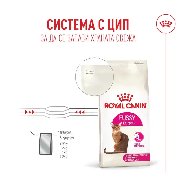 Royal Canin FHN Fussy Cat - Пълноценна суха храна за котки над 1 година с капризен апетит, 10 кг + ПОДАРЪК Sensory smell gravy 12x85g
