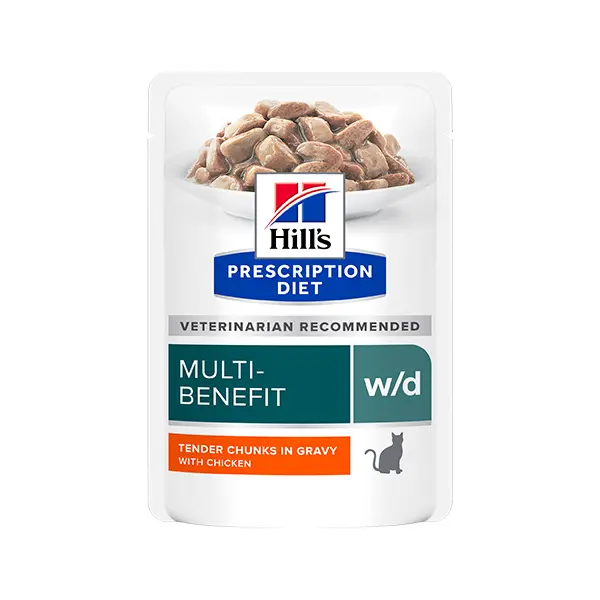 Hill's PRESCRIPTION DIET w/d Multi Benefit pouch - лечебна мокра храна за котки за котки с колит, запек, мегаколон и за поддържане на телесно тегло и регулиранена липидния метаболизъм при хиперлипидемия - 12 бр x 85 г