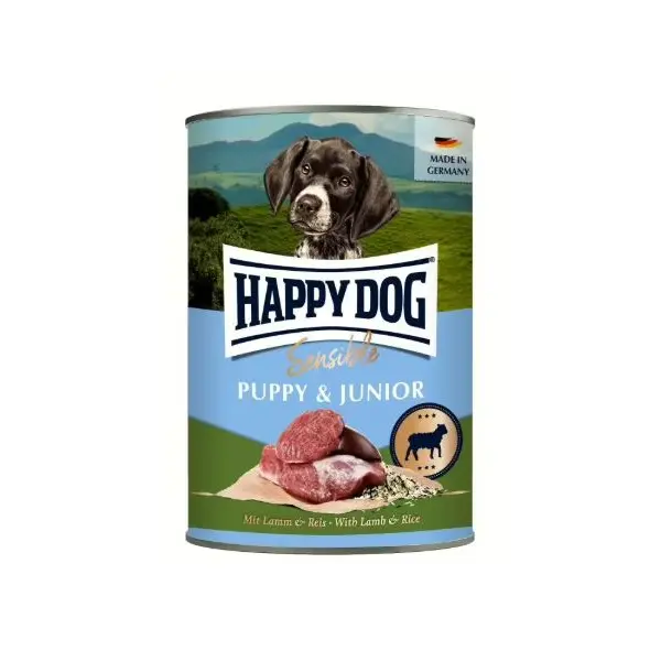 Happy Dog Sensible Puppy & Junior Lamb & Rice - Пълноценна мокра храна за чувствителни кученца и млади кучета с агнешко, консерва