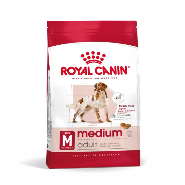 Royal Canin Medium Adult - суха храна за израснали кучета от средните породи, 15 кг + ПОДАРЪК Medium Adult Pouch 10х140 г