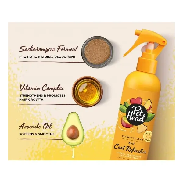 Pet Head Ultimutt Clean Coat Refresher – измиващ спрей за кучета без отмиване с тропически аромат, 300 мл